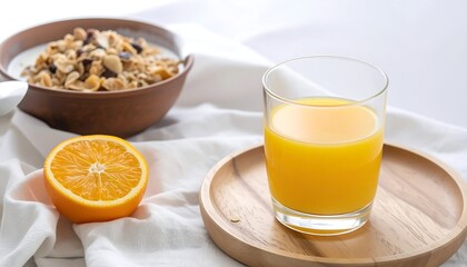 A breakfast scene with a glass of orange juice, cereal bowl, and a sliced orange