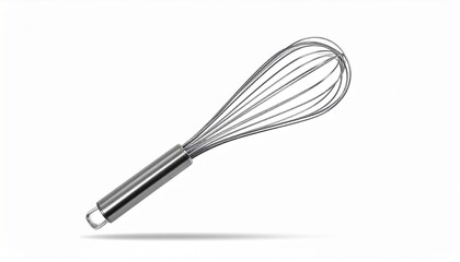 Stainless steel wire whisk with looped balloon shape and hanging loop handle, placed on a plain background