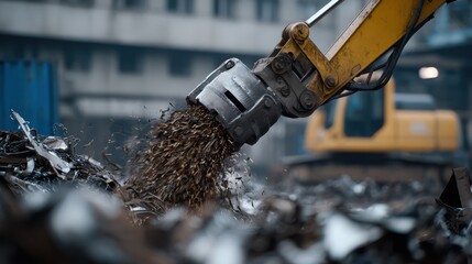 Medium shot of scrap metal piles being processed by a hydraulic shear the focused metal shredder contrasts with the blurred industrial surroundings.
