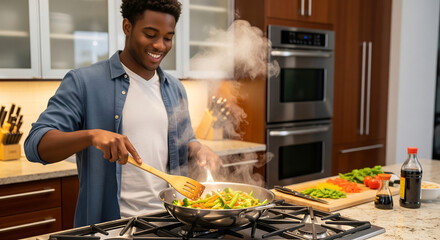 Smiling African American Man Cooking Stir Fry in Modern Kitchen