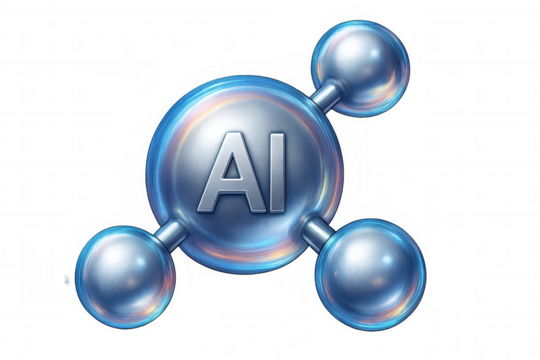 Metallic spheres with ai letters inside forming a network, representing global artificial intelligence connection, on transparent background