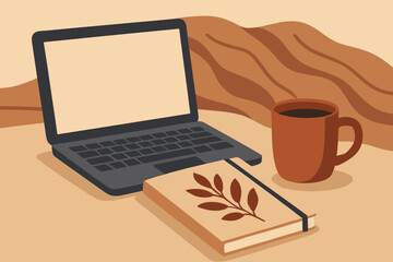 Cozy Study Scene. Vector layout of quiet study moment with open laptop, leaf-decorated notebook, coffee mug and blanket in