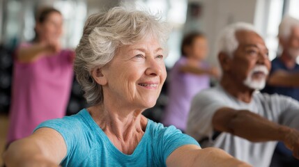 Energetic medium view of seniors engaged in seated aerobic exercises main subject in sharp relief emphasizing dedication amid softened group motion.