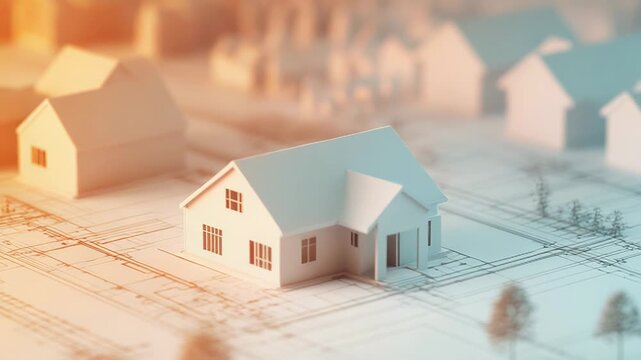 White miniature house model standing on blueprint in residential neighborhood development project