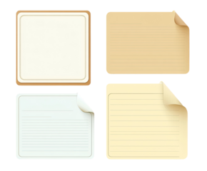 Four blank note paper illustrations. Two are plain, light-colored rectangles, and two are lined, with a curled corner