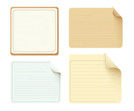 Four blank note paper illustrations. Two are plain, light-colored rectangles, and two are lined, with a curled corner