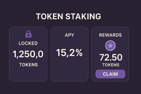 Token Staking Platform. Horizontal layout of token staking platform showing locked balances, APY values and reward claim animation