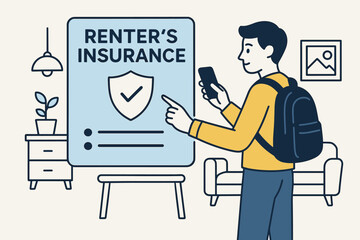 Student Renter's Insurance. Vector illustration of student purchasing renter’s insurance for apartment with minimal belongings
