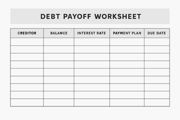 Debt Payoff Planner. Horizontal layout of printable debt payoff worksheet — balances, interest rates, payment plans, due dates.