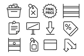 Clearance Discount Icons. Line style icons of clearance discounts: clearance bin icon, red X on tag, final price badge, empty