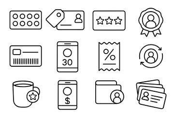 Loyalty Icons Collection. Line style icons of loyalty coupons: punch card with holes, loyalty card and tag, stars on reward pass,