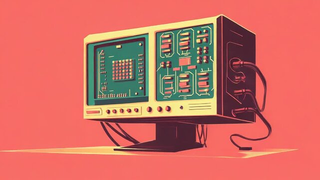 Retro computer monitor displaying electronic circuit board and cpu, connecting wires, exploring vintage computing