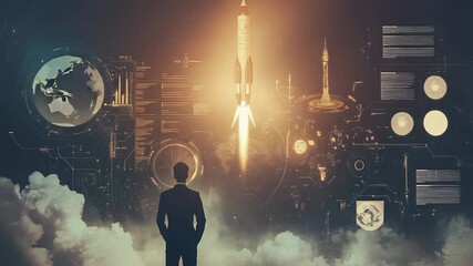Businessman watching rocket launch with futuristic hud interface - Powered by Adobe