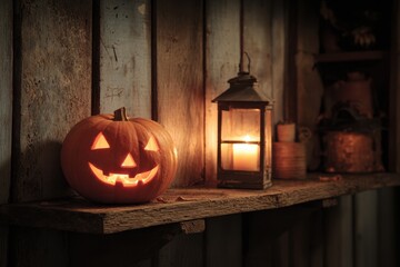 Carved Halloween pumpkin with a glowing candle inside a lantern on a wooden shelf