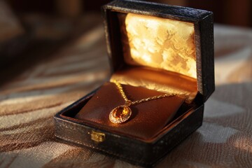 Vintage jewelry box containing a beautiful gold necklace with amber pendant