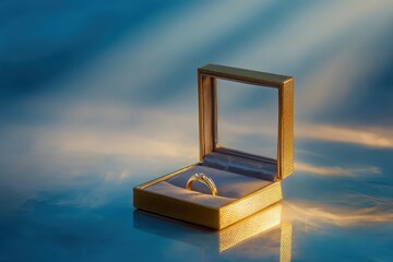 Stunning diamond ring nestled in a velvet box under golden sunset rays, a symbol of eternal love and commitment