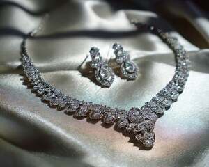Exquisite Diamond Necklace and Earrings Set on Silk Fabric