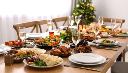 Festive holiday meal on a long table