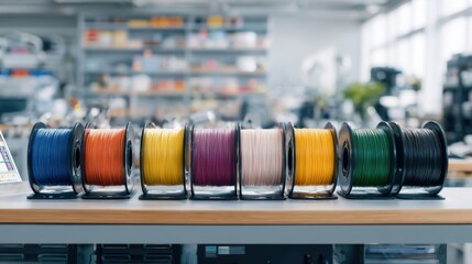 Obraz premium A series of multicolored filament spools on a workstation demonstrating the variety of biocomposite blends that can be produced for different applications.