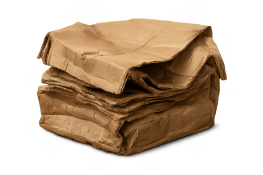 Stack of crumpled cardboard boxes on transparent background