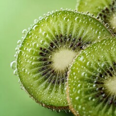 Close-up of refreshing kiwi slices with tiny bubbles on a vibrant green background