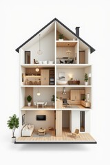 Modern multi-story house cross-section featu spacious living room kitchen bedroom bathroom office and attic with stylish interior design elements