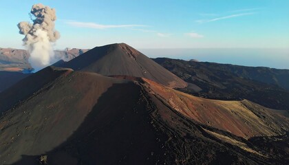 Volcanic peaks rise above a landscape of dark, rugged terrain, with a plume of smoke rising from a central crater.