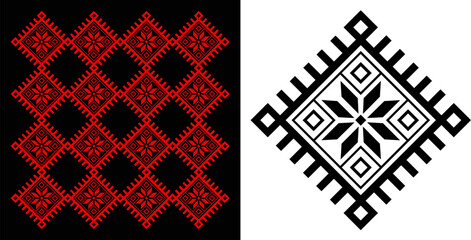 Traditional Slavic ornament. Geometric patterns in red on black and black on white backgrounds. Ethnic embroidery design, folk art motif