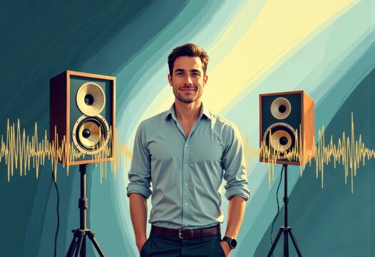 Concert hall specialist standing confidently beside audio equipment