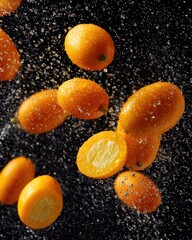 Fresh Oranges Splashing in Water with Droplets and Seeds