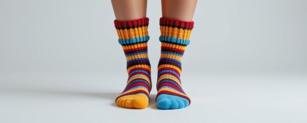 Colorful striped knee-high socks with vibrant rainbow patterns and cozy textured knit design worn by person standing on plain background