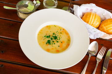 Appetizing Trentino-style barley soup. Italian cuisine