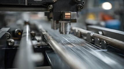 Fototapeta premium A close view of extruded cable undergoing automated cutting with precise machinery engaged in slicing through the thermoplastic insulation for final length specifications.