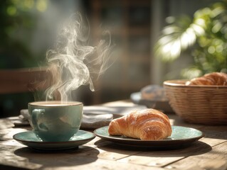 Morning coffee and croissant on a wooden table with steam rising