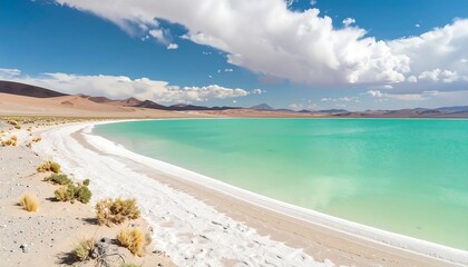 Scenic aerial view of turquoise lake with white salt shore, desert landscape, & blue sky