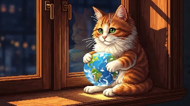 Whimsical ginger tabby cat holding earth globe on wooden windowsill at night illustration.