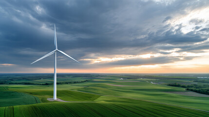 Majestic wind turbine standing tall over rolling green fields under a dramatic cloudy sky at dusk
