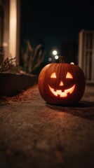 Spooky Halloween Jack-o-Lantern glowing in the dark with a carved face