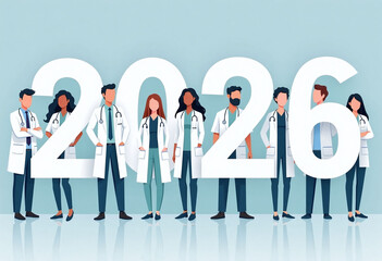 Illustration of white 2026 numbers with male and female doctors in white coats. Healthcare concept of medical brands and new year promotions