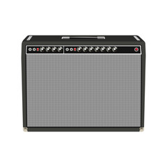 Vector illustration of a vintage guitar amplifier with control knobs and speaker grille in classic black and gray design.