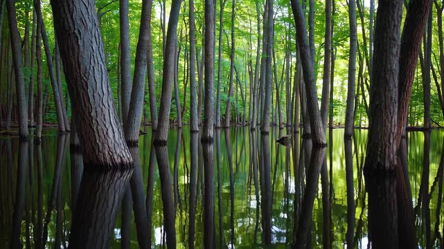 Tall trees rise from calm water in a flooded forest, their trunks reflected in the still surface. Sunlight filters through lush leaves, creating a tranquil scene that blends nature&rsquo;s serenity with mir