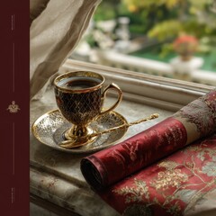 Luxury cup of coffee on a marble windowsill with ornate fabric