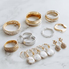 Collection of elegant and sparkling jewelry pieces on a marble surface