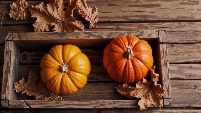 Two vibrant pumpkins rest side by side in a rustic wooden tray, surrounded by dry autumn leaves. The natural textures and warm colors create a cozy and festive fall atmosphere, perfect for seasonal ce