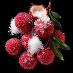 Fresh Lychee Fruits with Ice and Green Leaves Isolated on Black Background