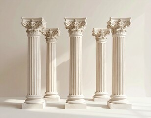 Five fluted Corinthian columns with ornate acanthus capitals, evenly spaced against light wall, sunlit to highlight stone texture and classical architectural detail.