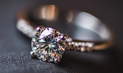 Close-up of a sparkling diamond engagement ring on a dark surface