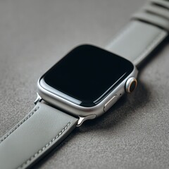 Modern smart timepiece with a sleek silver casing and a stylish grey band