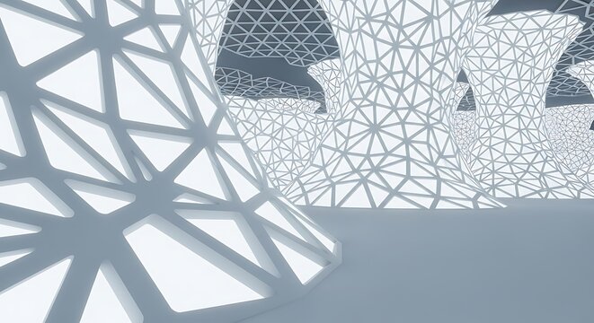 Abstract architectural interior design with triangular patterns and light illumination.