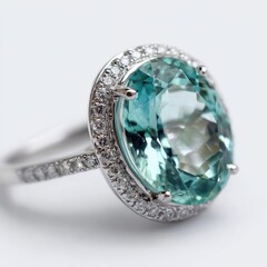 Elegant oval aquamarine and diamond halo engagement ring on white background